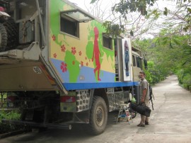 The Magic Bus parked at the resort - which is transporting the Cebron family around the world